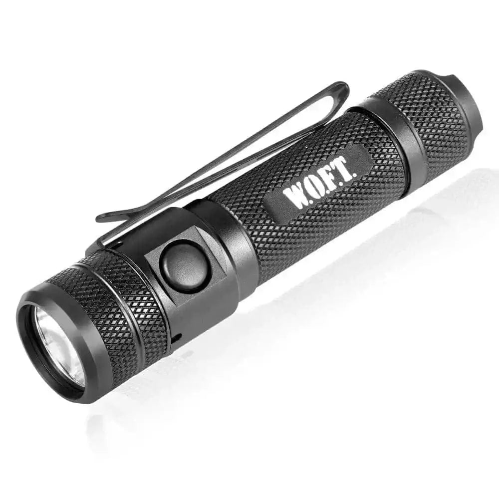 Black WOFT 1,200 Lumen Tactical EDC Flashlight with textured grip and pocket clip