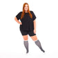 Woman in black shorts and shirt with leg warmers in Marathon Wide-Calf, Heather Slate