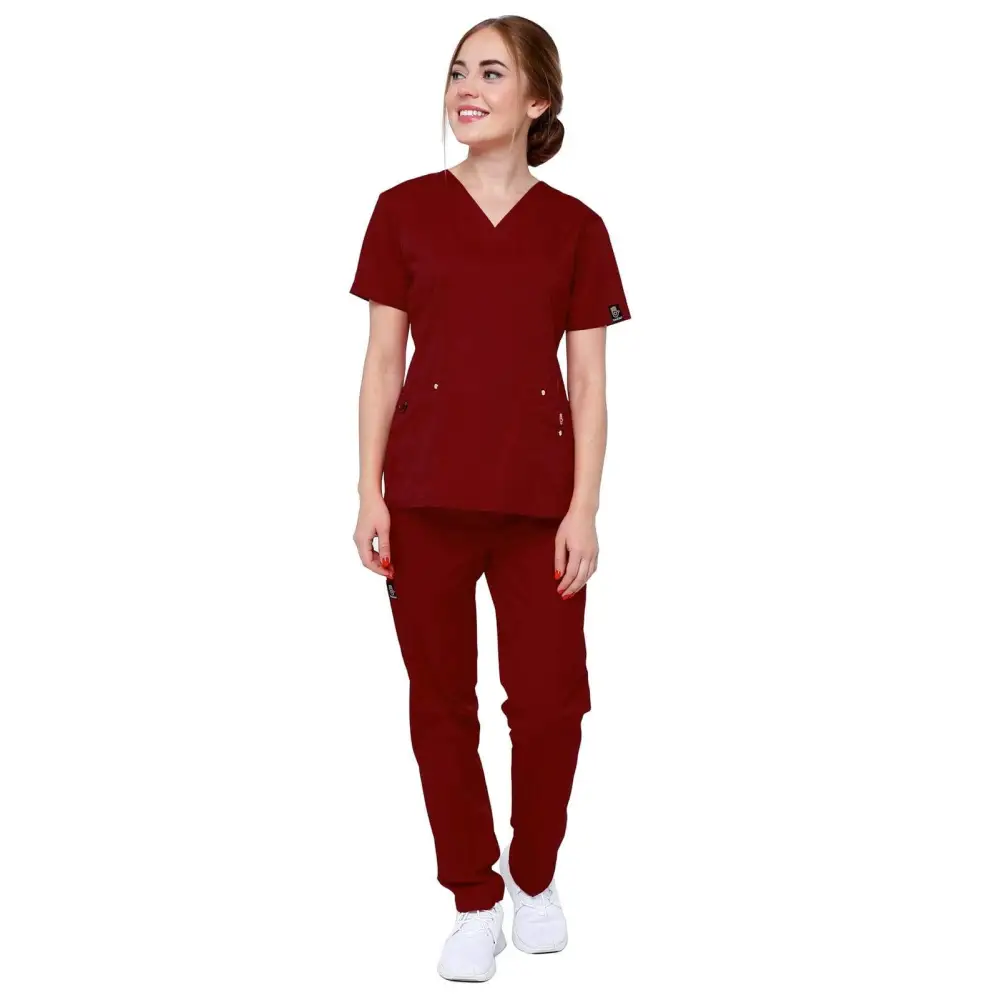 Women’s 11 Pocket Stretch Slim Fit Uniform Scrubs - Style ST408 - Maroon / XS - Women’s Scrubs Sets