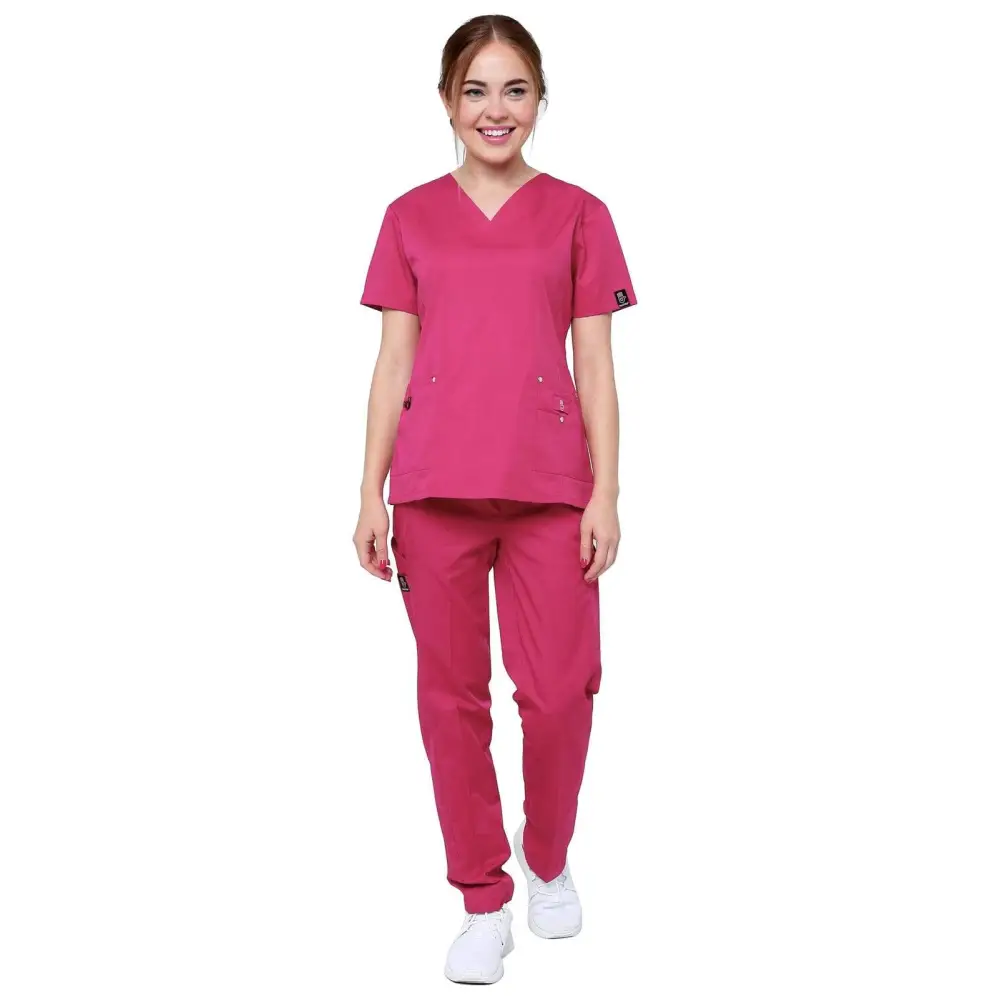 Women’s 11 Pocket Stretch Slim Fit Uniform Scrubs - Style ST408 - Fuchsia / XS - Women’s Scrubs Sets