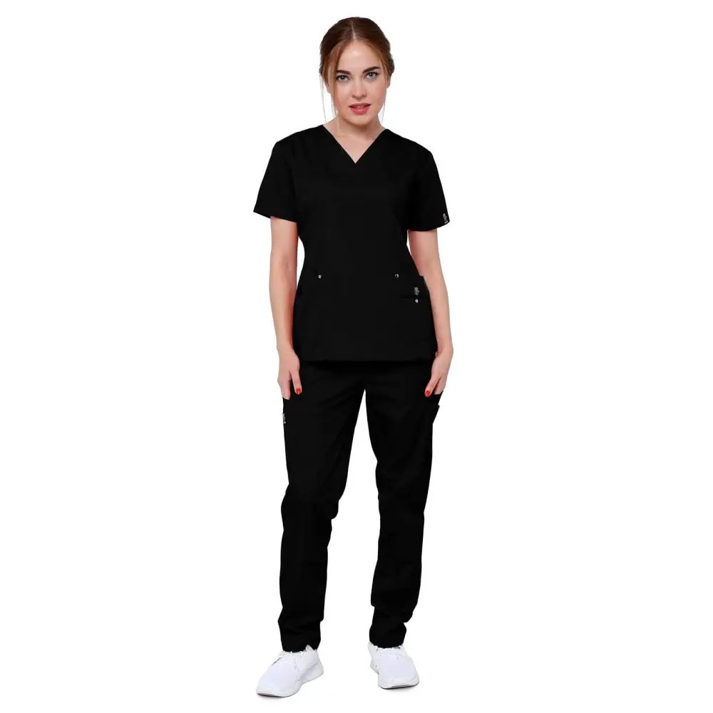 Women’s 11 Pocket Stretch Slim Fit Uniform Scrubs - Style ST408 - Black / XS - Women’s Scrubs Sets