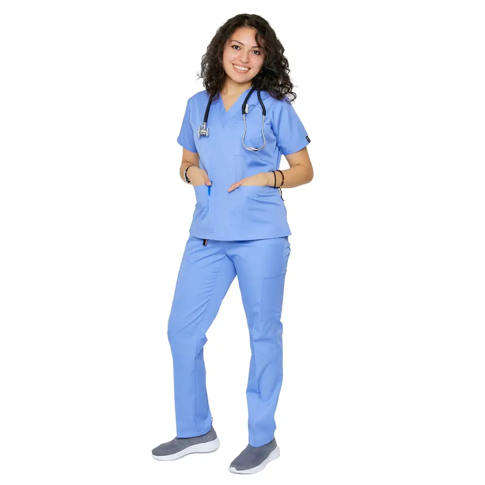 Women’s Classic 8 Pocket Uniform Scrubs - Style 103 - Ciel / X-Small - Women’s Scrubs Sets