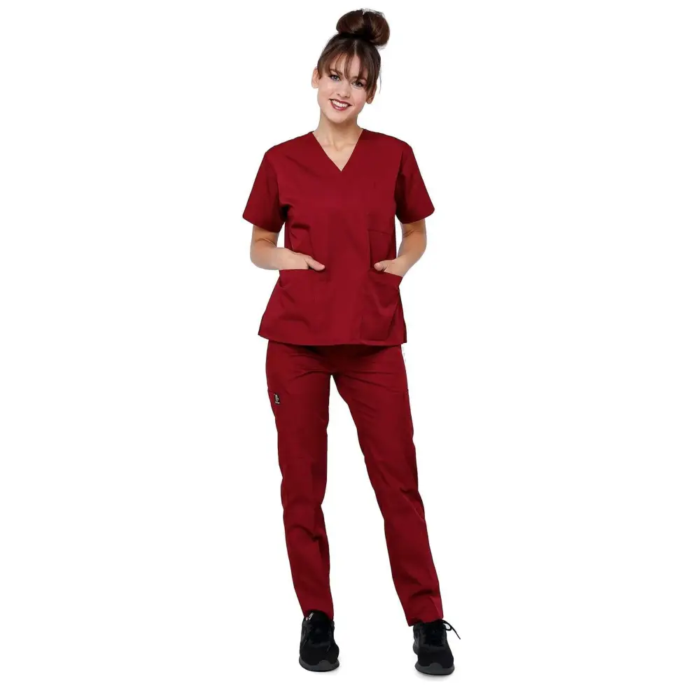 Women’s Classic 8 Pocket Uniform Scrubs - Style 103 - Maroon / X-Small - Women’s Scrubs Sets