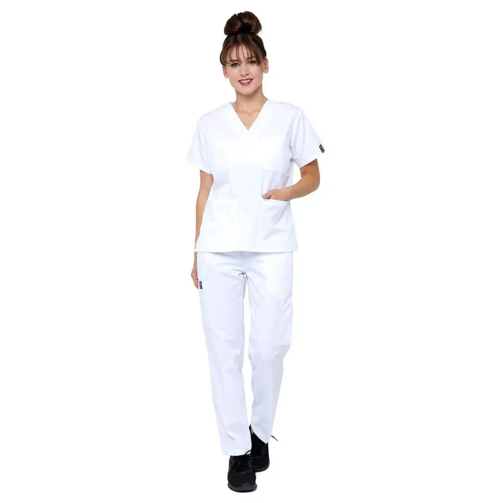 Women’s Classic 8 Pocket Uniform Scrubs - Style 103 - White / X-Small - Women’s Scrubs Sets