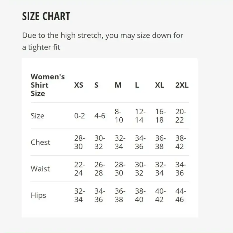 Women’s Performance Racerback Tank size chart from XS to 2XL for MudGear Women’s apparel