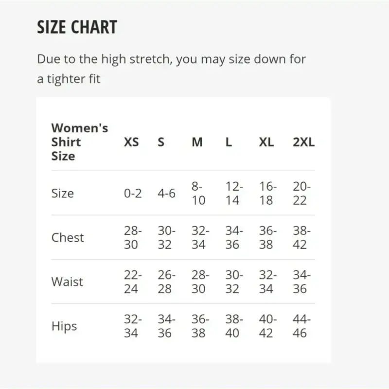 Women’s clothing size chart for MudGear Women’s Fitted Performance Shirt in Black