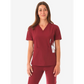 Burgundy women’s four-pocket scrub uniform with v-neck top and matching pants