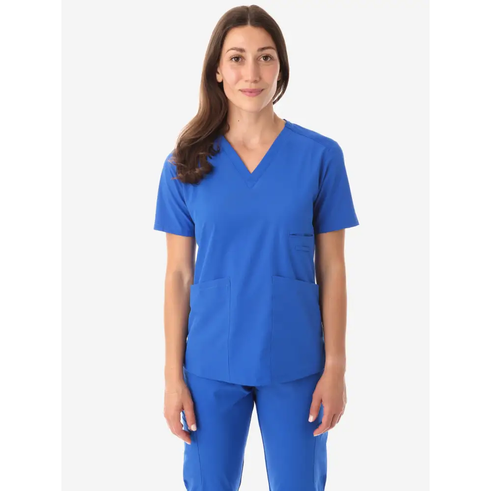 Royal blue women’s four-pocket scrub uniform featuring v-neck top and matching pants