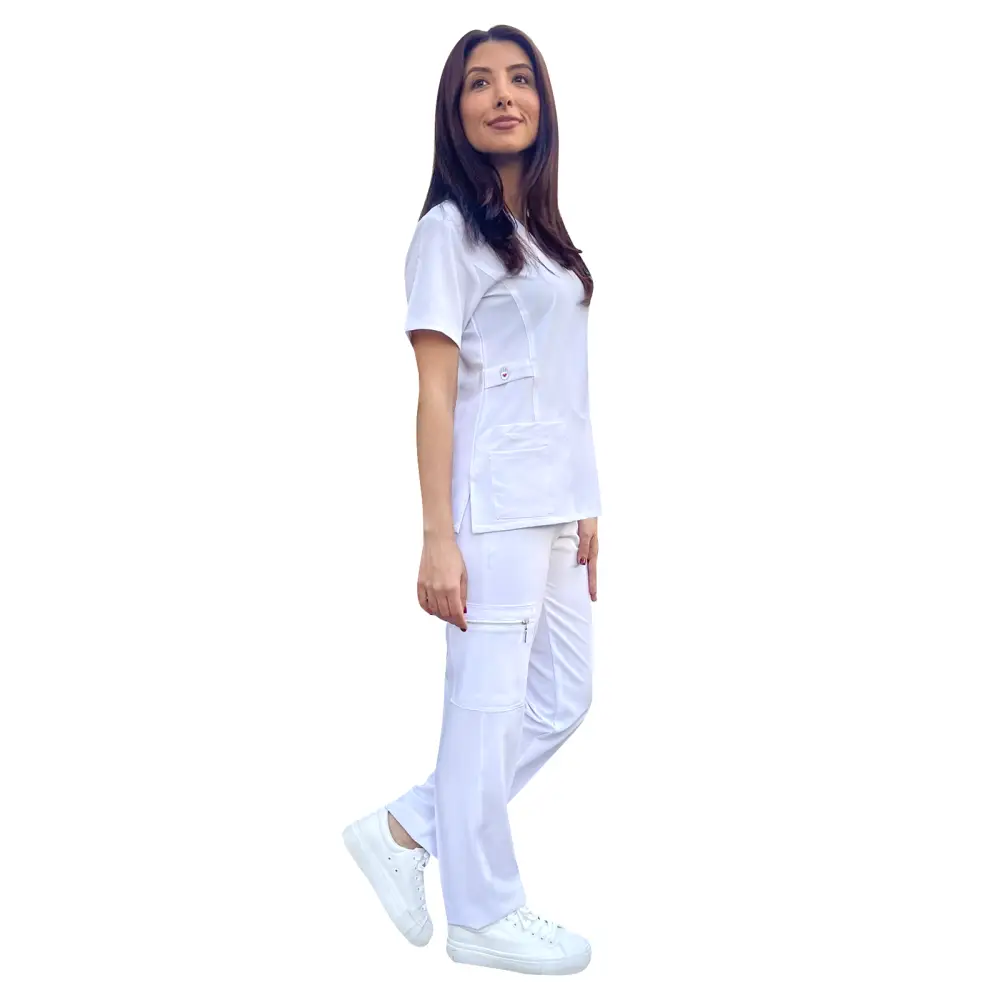 Women’s Gentle Stretch Slim Fit Zipper Set - Style ST88 - White / X-Small - Women’s Scrubs Sets