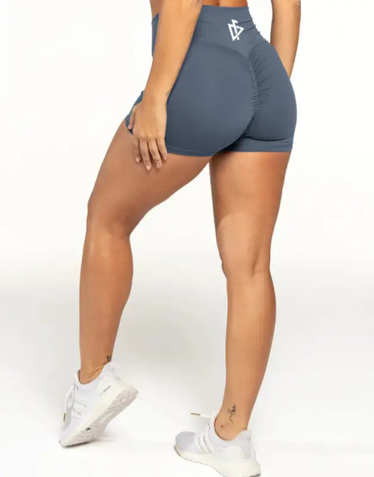 Gray athletic luxe seamless shorts for women featuring a small logo detail