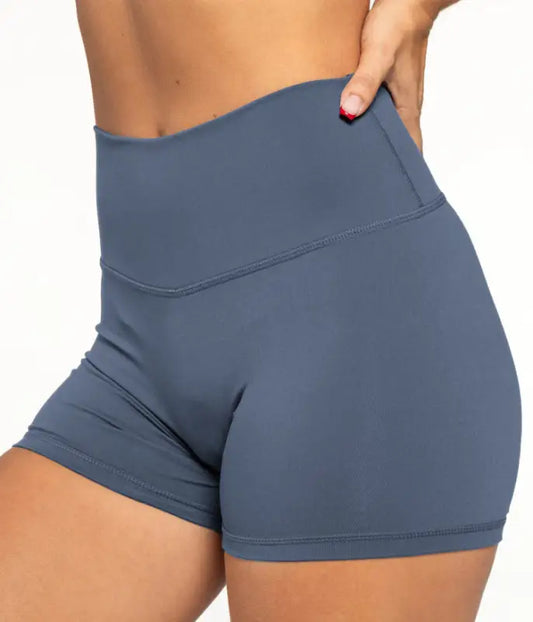 High-waisted slate blue Women’s Luxe Seamless Shorts for active wear