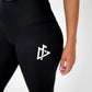 Black athletic leggings with white geometric triangle logo from Women’s Top-Tier Leggings