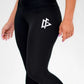 Black athletic leggings featuring a white geometric logo for women’s top-tier leggings