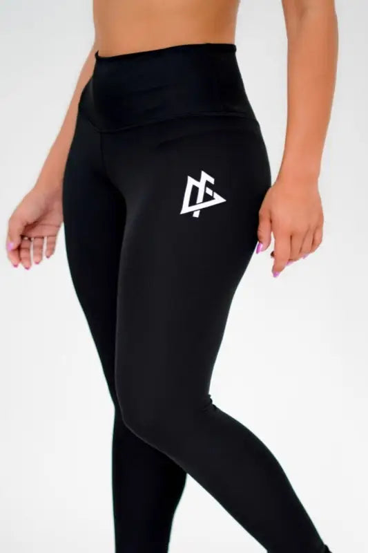 Black athletic leggings featuring a white geometric logo for women’s top-tier leggings