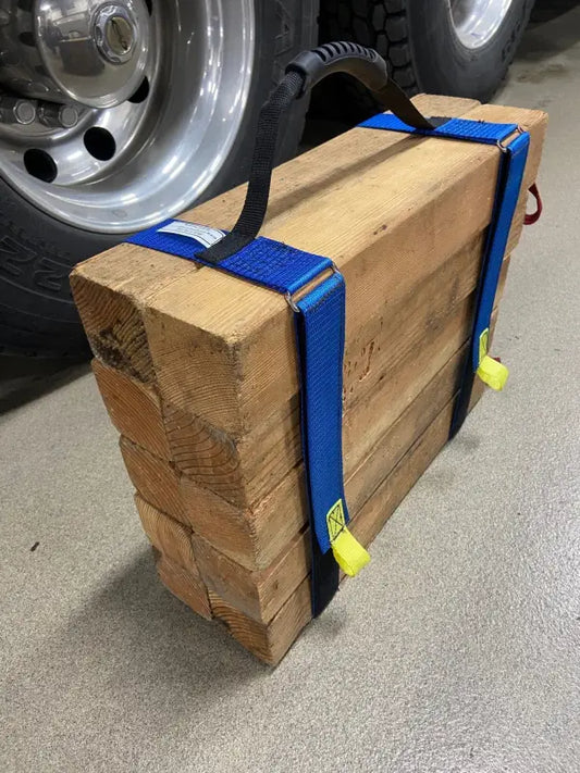 Wooden block secured with blue straps and yellow tags for Cribbing Strap Long-FFCS12