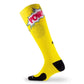 Yellow athletic sock with POW graphic, perfect for marathon printed comic book fans