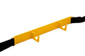 Yellow stair chair wall bracket with black straps and hooks for emergency evacuation stair