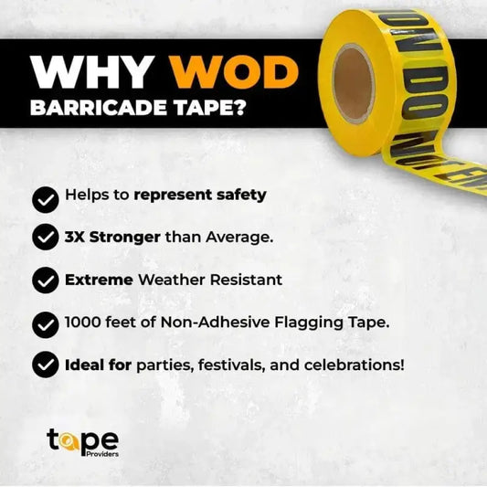 Yellow barricade flagging tape with WOD pattern for hazardous areas and construction safety