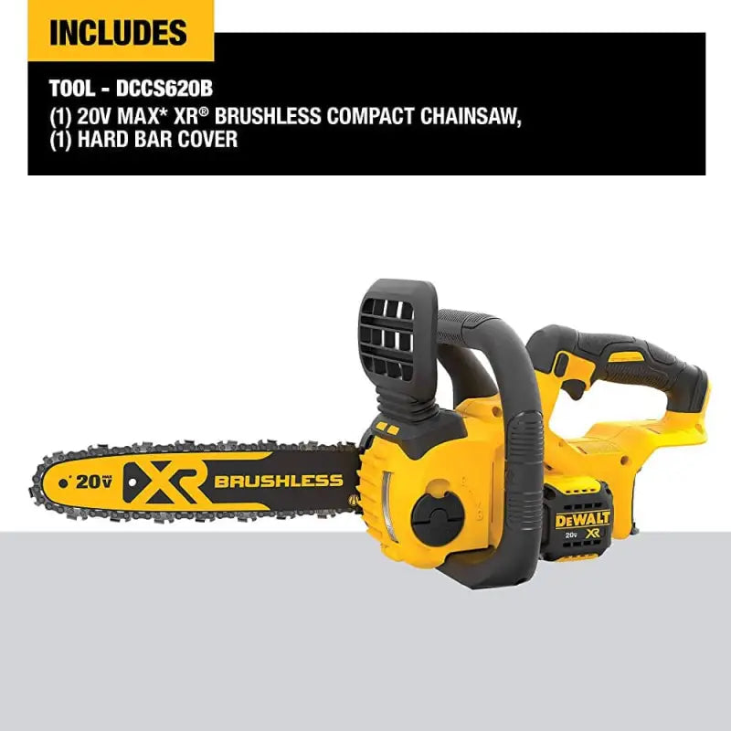 Yellow and black DEWALT DCCS620B 20V MAX XR Compact Cordless Chainsaw with brushless motor