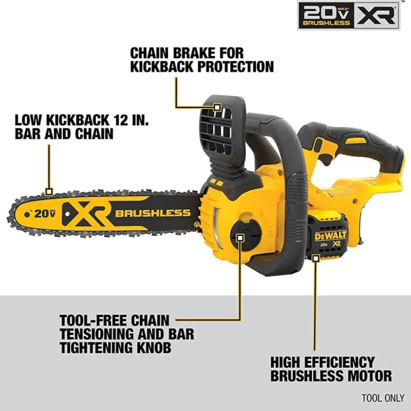 Yellow and black DeWalt DCCS620B 20V MAX XR Compact Cordless Chainsaw with 12-inch bar