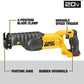 Yellow and black DeWalt DCS380B 20V MAX* Reciprocating Saw with variable speed trigger