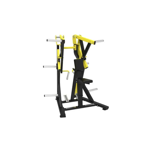 Yellow and black plate-loaded lat pulldown machine ideal for first responders, firefighters, police