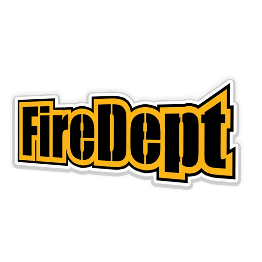 Yellow and black FireDept logo with white outline, perfect for a 5’’ display dept product