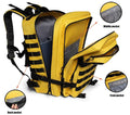 Yellow and black All-Terrain Backpack with storage for rolled gauze and adhesive bandages
