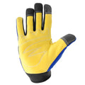 Yellow and blue touchscreen safety work gloves with leather palms for added protection