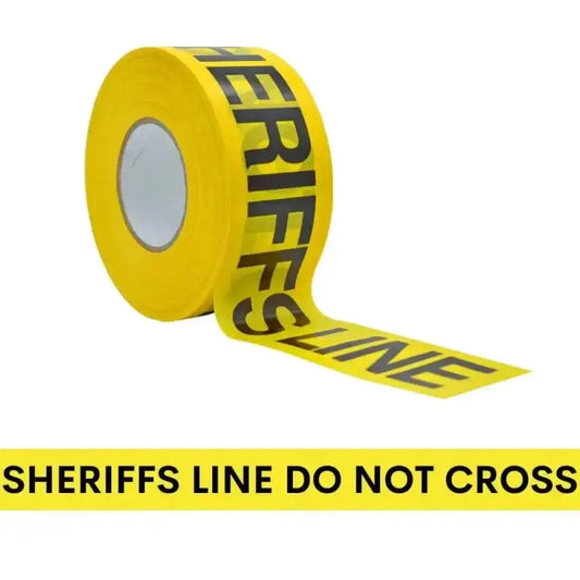 Yellow barricade flagging tape with black text for safety in construction zones BRC