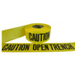 Yellow barricade flagging tape with Caution Open Trench text for hazardous areas