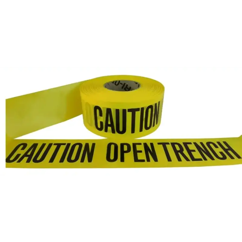 Yellow barricade flagging tape with Caution Open Trench text for hazardous areas