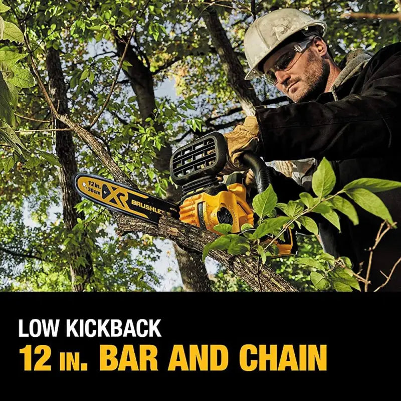 Yellow DEWALT DCCS620B 20V MAX XR Compact Cordless Chainsaw with low kickback features