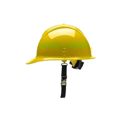 Yellow Bullard Wildland Fire Helmet with black chin strap in cap style design