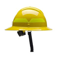 Yellow hi-viz lime yellow brim wildland helmet with black chin strap by Bullard