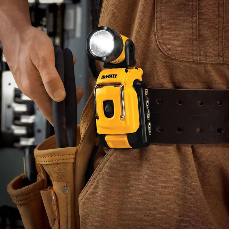 Yellow DeWalt DCL510 12V MAX LED Work Light clipped to a tool belt for hands-free use