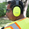 Yellow earmuffs with black headband for 27dB NRR noise cancelling hearing protection