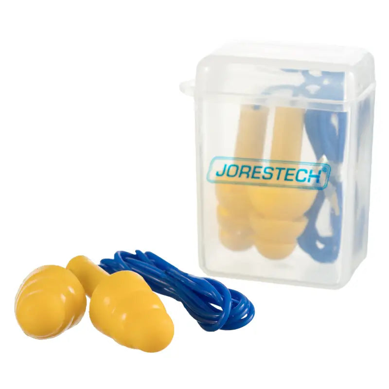 Yellow silicone tri-flange corded earplugs with blue cord in clear case