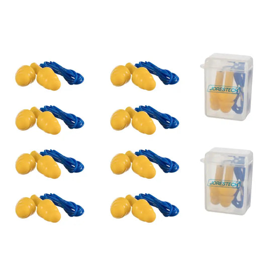 Yellow Silicone Tri-Flange Corded Earplugs with blue cords and clear cases in 10 pack