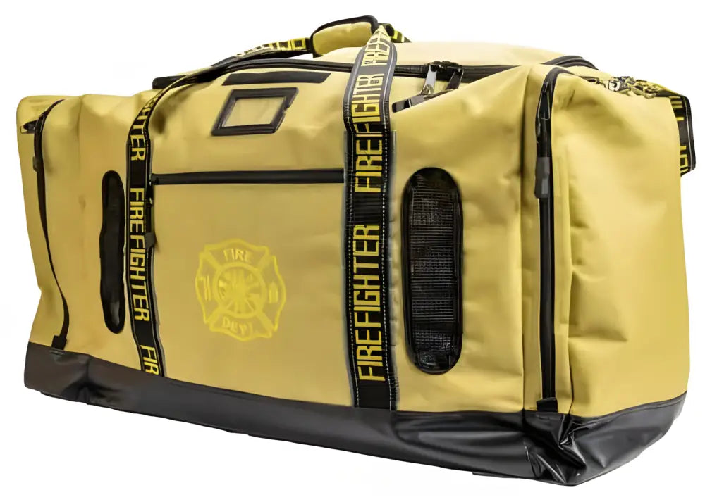 Yellow firefighter gear bag with black straps and helmet compartment for first responders