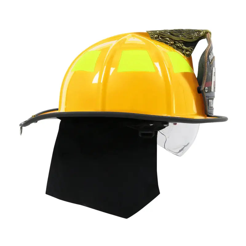 Yellow firefighter helmet showcasing Pacific F18 traditional style structural firefighting gear