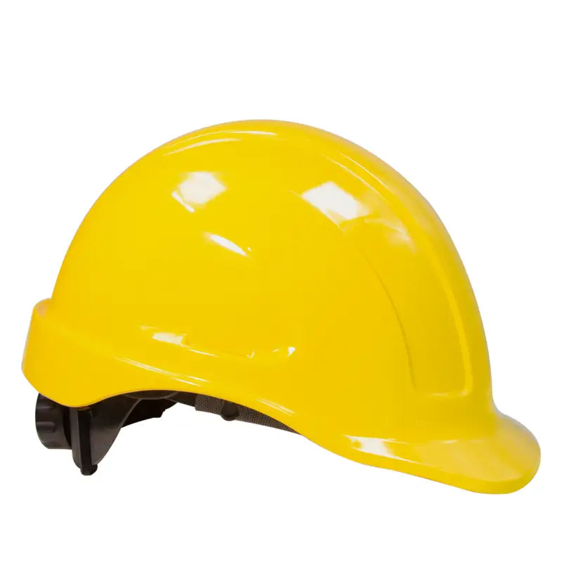 Yellow cap style safety hard hat with 4 point suspension and brow liner for optimal comfort