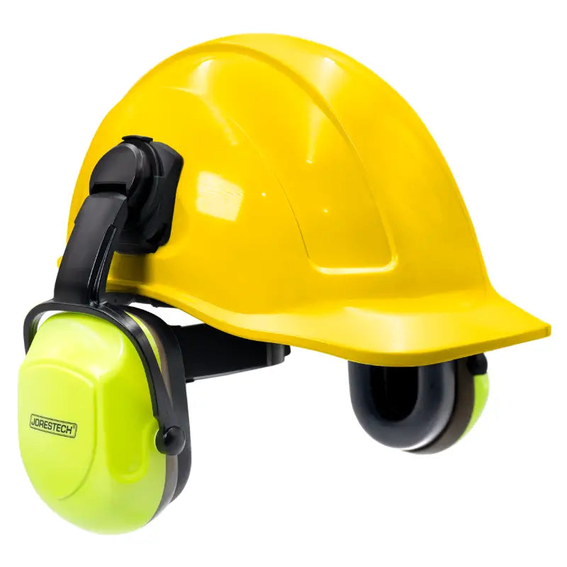 Yellow cap-style hard hat kit with high vis mountable earmuffs for safety and comfort