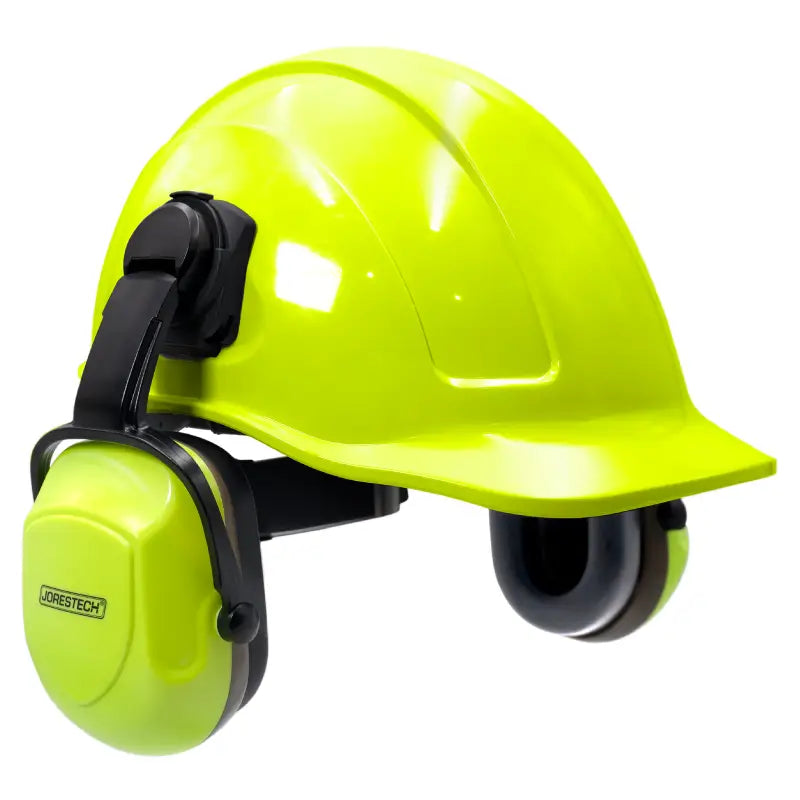 Yellow cap-style hard hat kit with high vis mountable earmuffs for safety