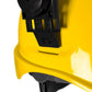 Yellow cap-style hard hat with black attachment, earmuffs, and hi-transparency face shield