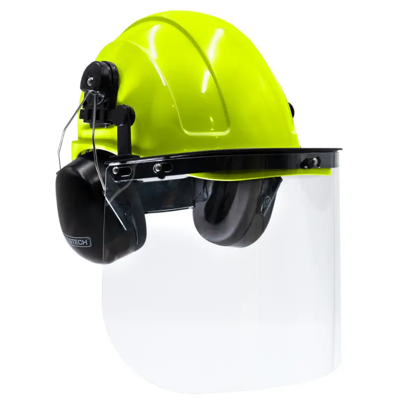 Yellow cap-style hard hat kit with hi-transparency face shield and ear protection