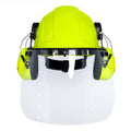 Yellow cap-style hard hat kit with lime mountable earmuffs and hi-transparency face shield