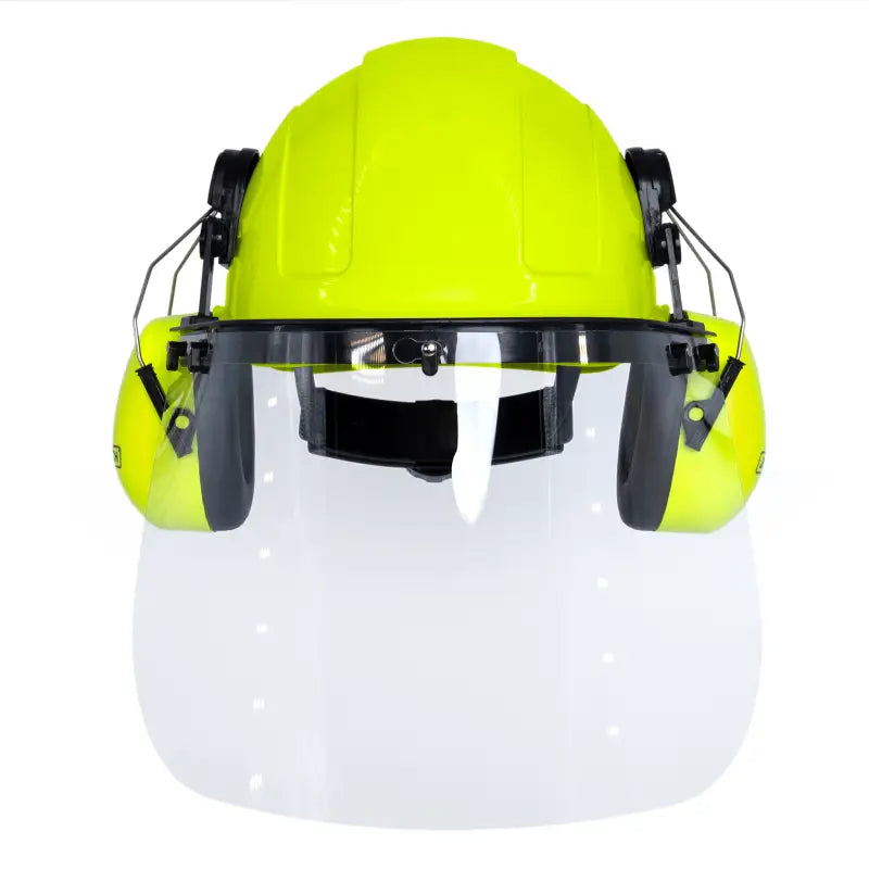 Yellow cap-style hard hat kit with lime mountable earmuffs and hi-transparency face shield