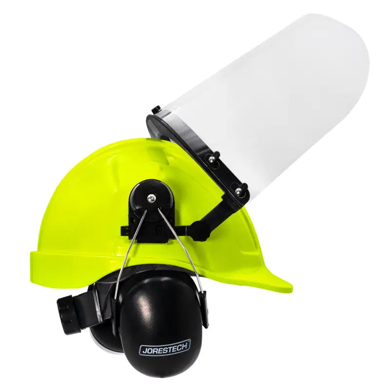 Yellow cap-style hard hat kit with hi-transparency face shield and ear protection