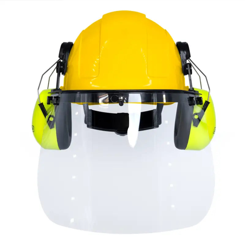 Yellow cap-style hard hat kit with lime mountable earmuffs and hi-transparency face shield